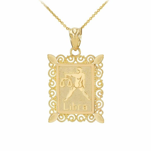 14K Solid Gold Libra Zodiac Sign Filigree Necklace